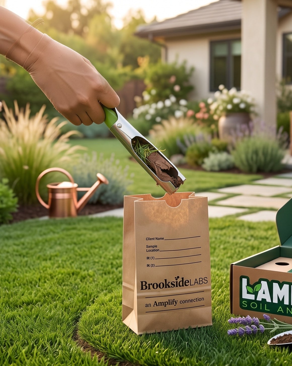 A gardener using the Lammas core probe to collect a soil sample in a backyard garden