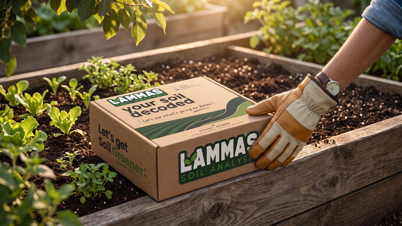 A gloved hand setting the Lammas soil test kit on the edge of a raised garden bed