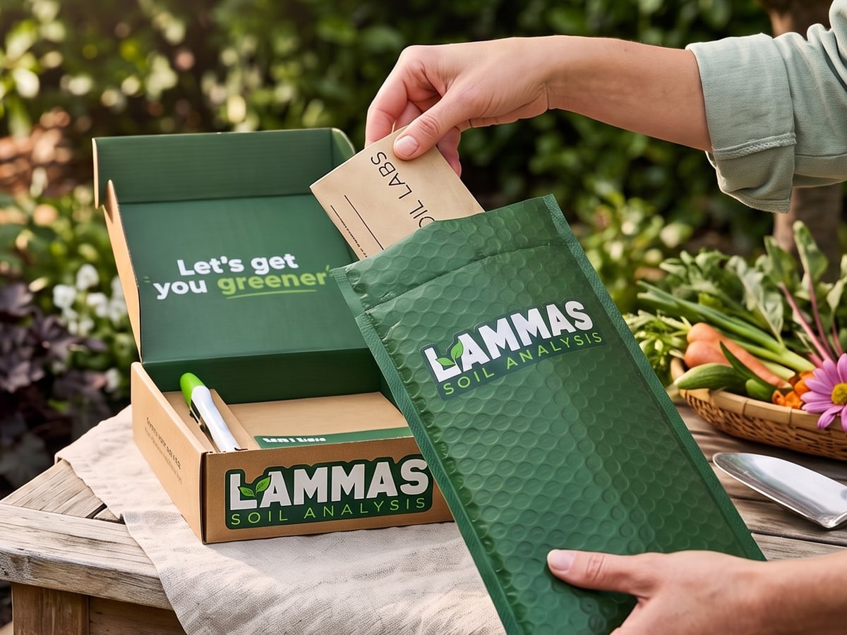 An open Lammas kit on a garden bench, with the prepaid return mailer being packed